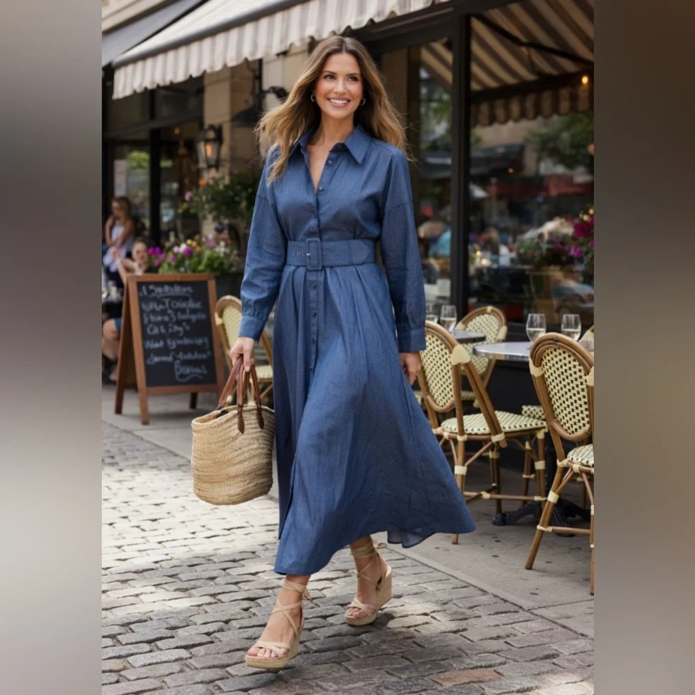 Tuckernuck X India Hicks Comporta Chambray Maxi Dress Sz M Ret $278 - Picture 2 of 12